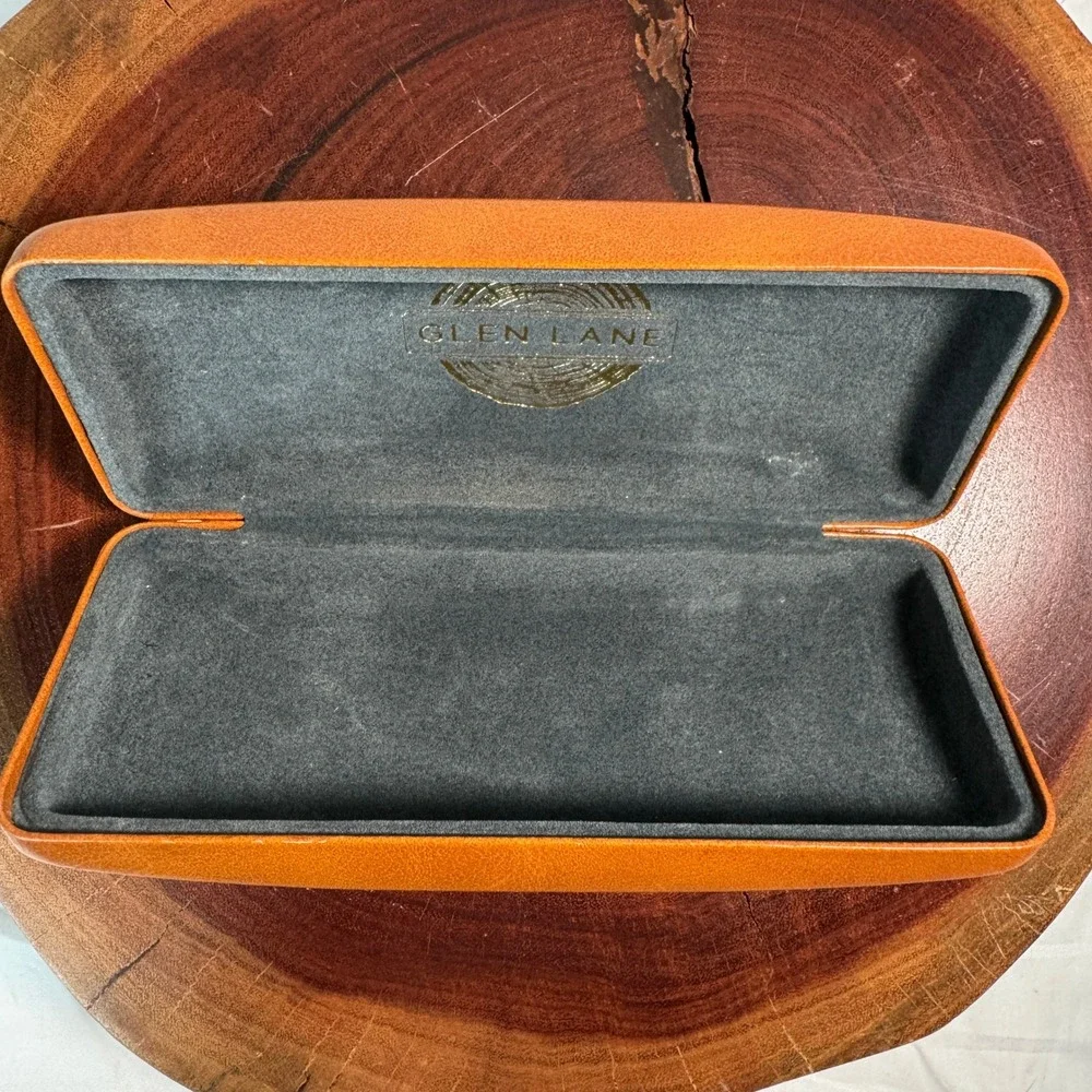 Glen Lane Tan Faux Leather Hard Shell Eyeglasses Sunglasses Case Wood Grain Logo